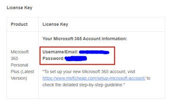 MS 365 account delivery format
